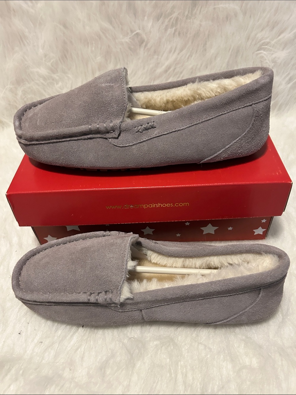 Dream Pairs Gray Suede Faux-Fur Lined Moccasin Slippers